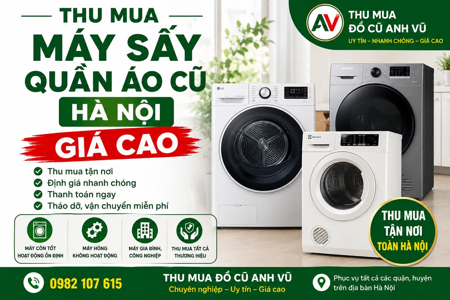 Thu Mua Máy Sấy Quần Áo Cũ Hà Nội Giá Cao Gọi Là Có Mặt